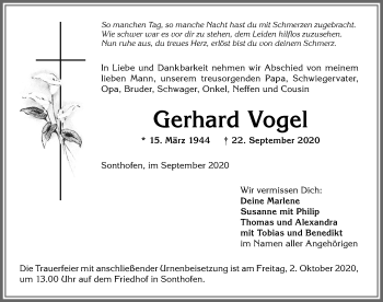 Traueranzeige von Gerhard Vogel von Allgäuer Anzeigeblatt