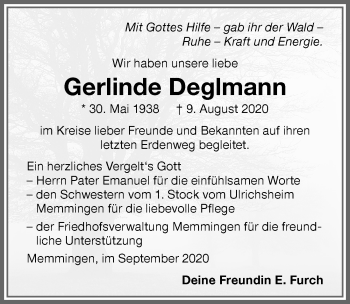 Traueranzeige von Gerlinde Deglmann von Memminger Zeitung