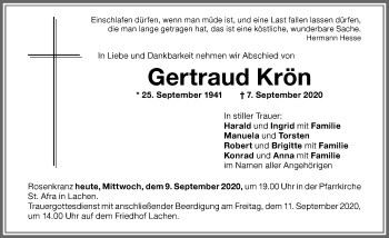 Traueranzeige von Gertraud Krön von Memminger Zeitung