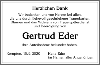 Traueranzeige von Gertrud Eder von Allgäuer Zeitung,Kempten