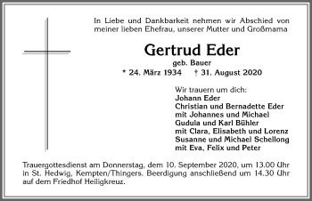 Traueranzeige von Gertrud Eder von Allgäuer Zeitung,Kempten