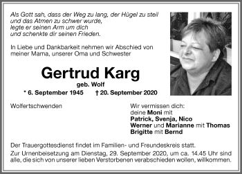 Traueranzeige von Gertrud Karg von Memminger Zeitung