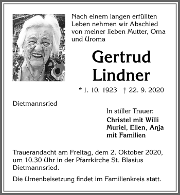 Traueranzeige von Gertrud Lindner von Allgäuer Zeitung,Kempten