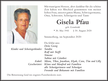 Traueranzeige von Gisela Pfau von Der Westallgäuer