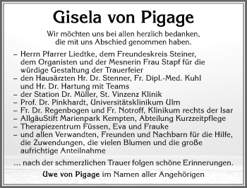 Traueranzeige von Gisela von Pigage von Allgäuer Zeitung, Füssen