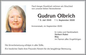 Traueranzeige von Gudrun Olbrich von Allgäuer Anzeigeblatt