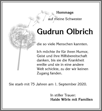 Traueranzeige von Gudrun Olbrich von Allgäuer Anzeigeblatt