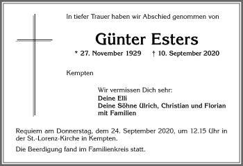 Traueranzeige von Günter Esters von Allgäuer Zeitung,Kempten