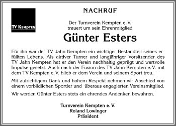 Traueranzeige von Günter Esters von Allgäuer Zeitung,Kempten
