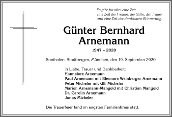 Traueranzeige von Günter Bernhard Arnemann von Allgäuer Anzeigeblatt