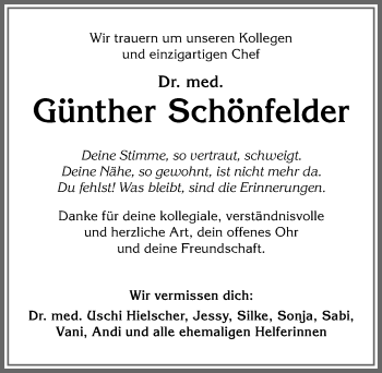 Traueranzeige von Günther Schönfelder von Allgäuer Anzeigeblatt