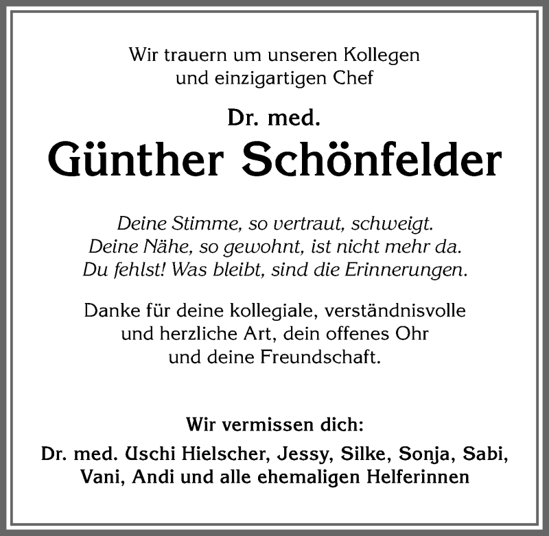  Traueranzeige für Günther Schönfelder vom 29.09.2020 aus Allgäuer Anzeigeblatt