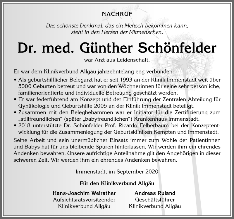 Traueranzeige für Günther Schönfelder vom 30.09.2020 aus Allgäuer Zeitung