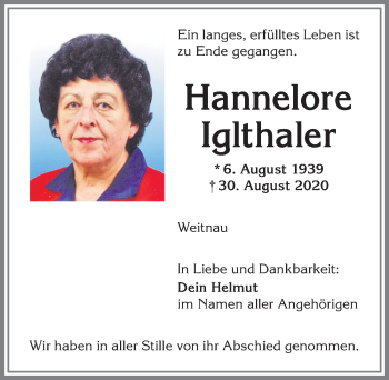 Traueranzeige von Hannelore Iglthaler von Allgäuer Zeitung,Kempten