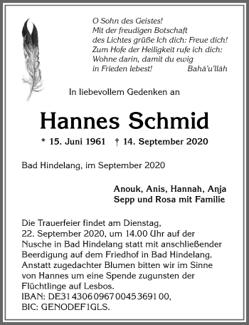 Traueranzeige von Hannes Schmid von Allgäuer Anzeigeblatt