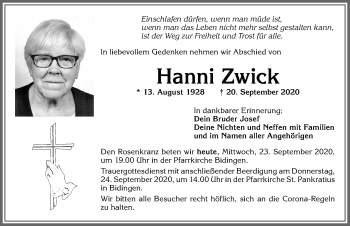 Traueranzeige von Hanni Zwick von Allgäuer Zeitung