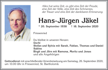 Traueranzeige von Hans-Jürgen Jäkel von Allgäuer Zeitung, Kaufbeuren/Buchloe