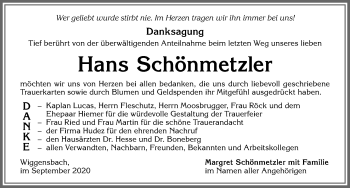 Traueranzeige von Hans Schönmetzler von Allgäuer Zeitung,Kempten