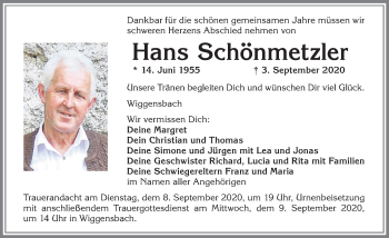 Traueranzeige von Hans Schönmetzler von Allgäuer Zeitung,Kempten