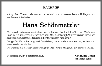 Traueranzeige von Hans Schönmetzler von Allgäuer Zeitung,Kempten