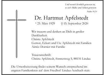 Traueranzeige von Hartmut Apfelstedt von Der Westallgäuer