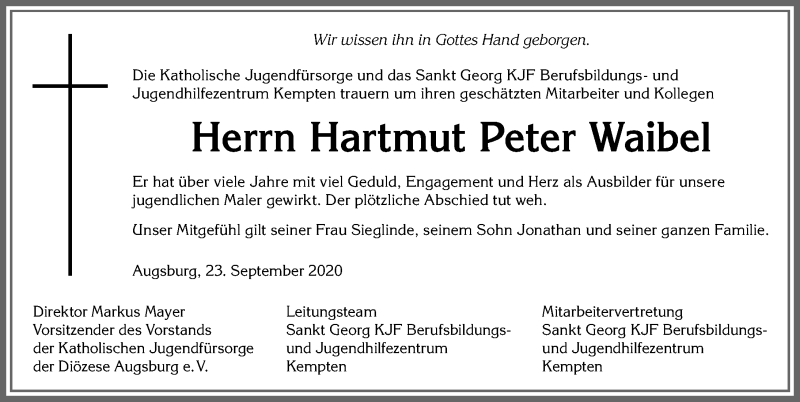  Traueranzeige für Hartmut Peter Waibel vom 23.09.2020 aus Allgäuer Anzeigeblatt