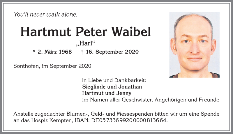  Traueranzeige für Hartmut Peter Waibel vom 19.09.2020 aus Allgäuer Anzeigeblatt