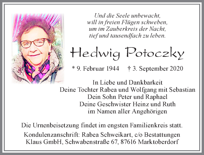  Traueranzeige für Hedwig Potoczky vom 12.09.2020 aus Allgäuer Zeitung, Marktoberdorf