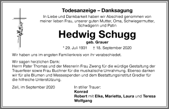 Traueranzeige von Hedwig Schugg von Memminger Zeitung