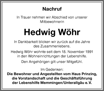 Traueranzeige von Hedwig Wöhr von Memminger Zeitung