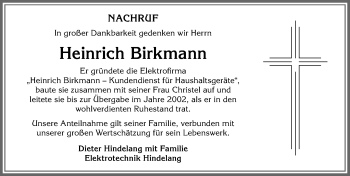 Traueranzeige von Heinrich Birkmann von Allgäuer Zeitung, Kaufbeuren/Buchloe