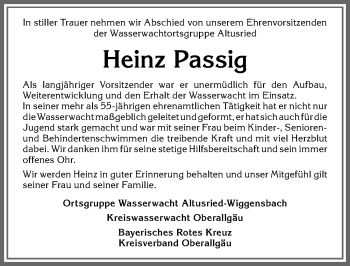 Traueranzeige von Heinz Passig von Allgäuer Zeitung,Kempten