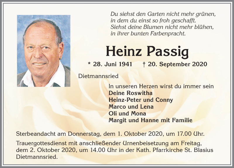  Traueranzeige für Heinz Passig vom 29.09.2020 aus Allgäuer Zeitung,Kempten