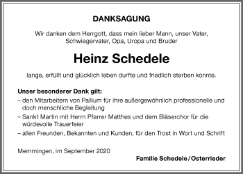 Traueranzeige von Heinz Schedele von Memminger Zeitung