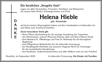 Traueranzeige von Helena Hieble von Allgäuer Zeitung,Kempten