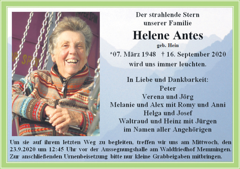  Traueranzeige für Helene Antes vom 19.09.2020 aus Memminger Zeitung