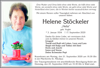 Traueranzeige von Helene Stöckeler von Allgäuer Zeitung, Marktoberdorf