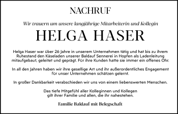Traueranzeige von Helga Haser von Der Westallgäuer