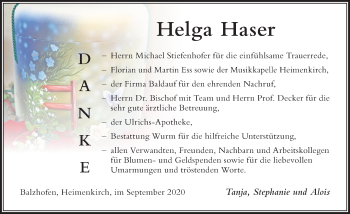Traueranzeige von Helga Haser von Der Westallgäuer