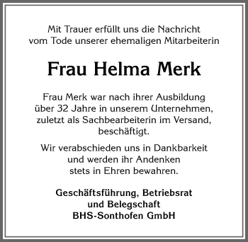 Traueranzeige von Helma Merk von Allgäuer Anzeigeblatt