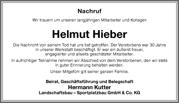 Traueranzeige von Helmut Hieber von Memminger Zeitung