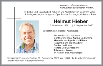 Traueranzeige von Helmut Hieber von Memminger Zeitung