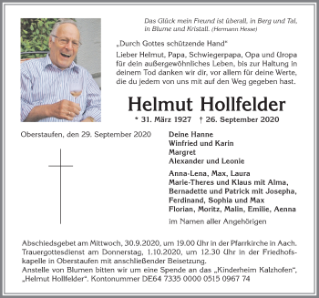 Traueranzeige von Helmut Hollfelder von Allgäuer Anzeigeblatt