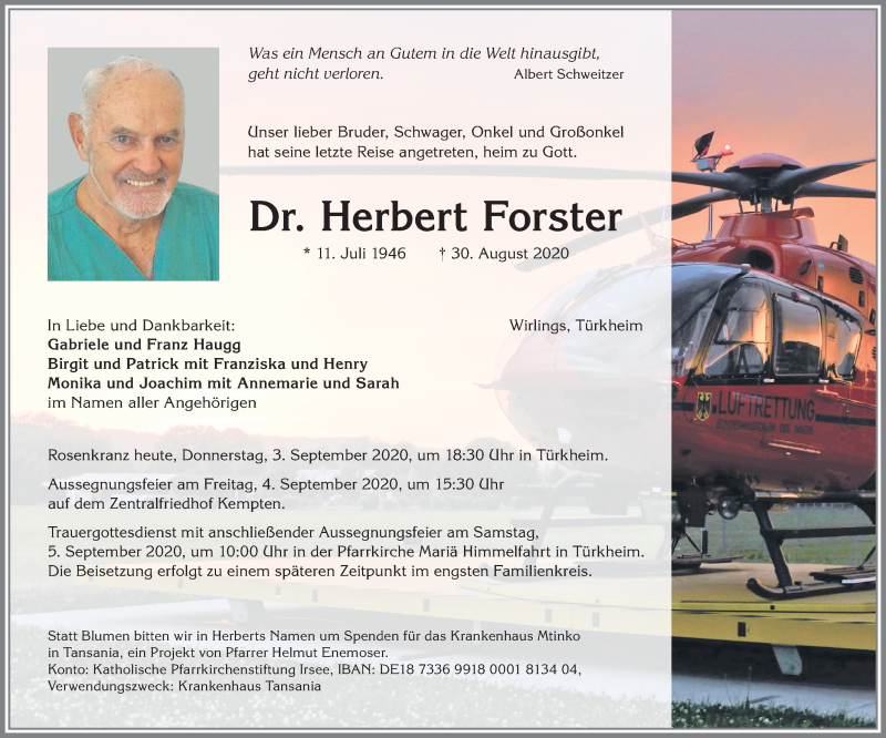 Traueranzeige für Herbert Forster vom 03.09.2020 aus Allgäuer Zeitung