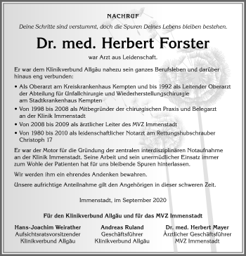 Traueranzeige von Herbert Forster von Allgäuer Zeitung