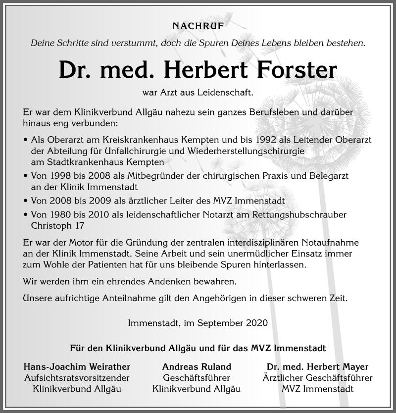  Traueranzeige für Herbert Forster vom 03.09.2020 aus Allgäuer Zeitung