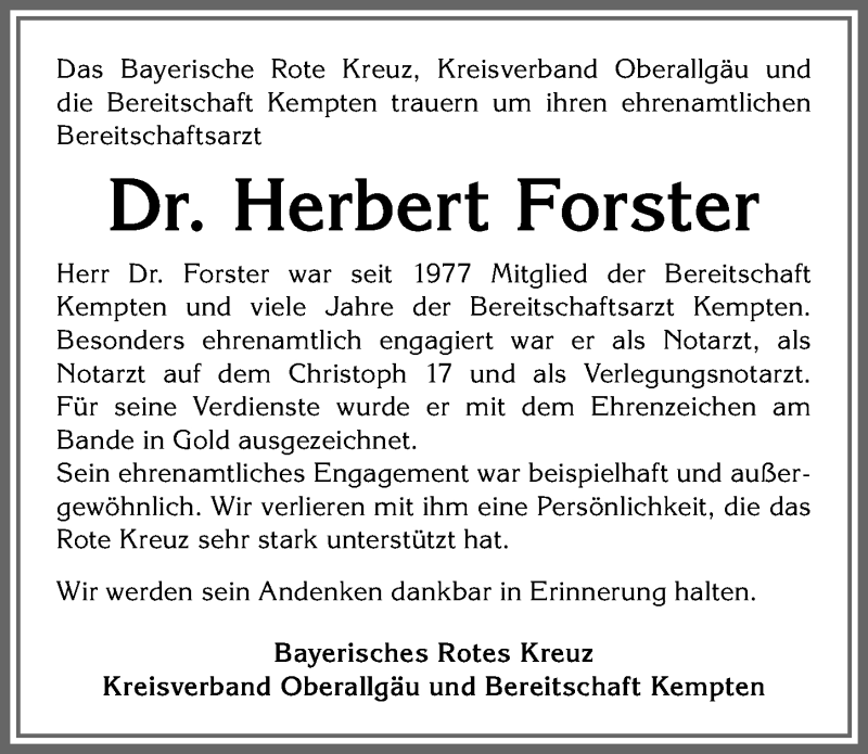  Traueranzeige für Herbert Forster vom 03.09.2020 aus Allgäuer Zeitung