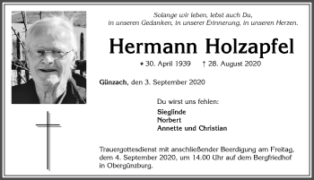 Traueranzeige von Hermann Holzapfel von Allgäuer Zeitung, Marktoberdorf