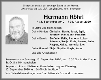 Traueranzeige von Hermann Röhrl von Allgäuer Zeitung, Marktoberdorf