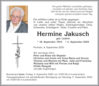 Traueranzeige von Hermine Jakusch von Allgäuer Zeitung, Marktoberdorf